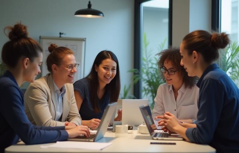 Group of diverse people collaborating on a video project.