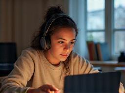 Student learning online with headphones.